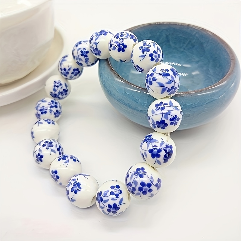 

1pc Tribal Style Chinese Blue Floral Ceramic Bead Bracelet For Women - Round , Ethnic Fashion Jewelry, And Gifting, Accessory