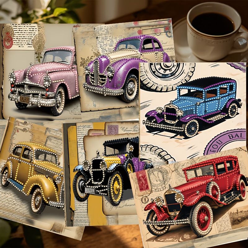 TEMU 2D Platte Print, Nieuwe 6-delige Unieke Retro Auto Serie Thema Wenskaarten, Ronde Strass Schilderij Kaart Handgemaakte Kit Inclusief 6 stuks