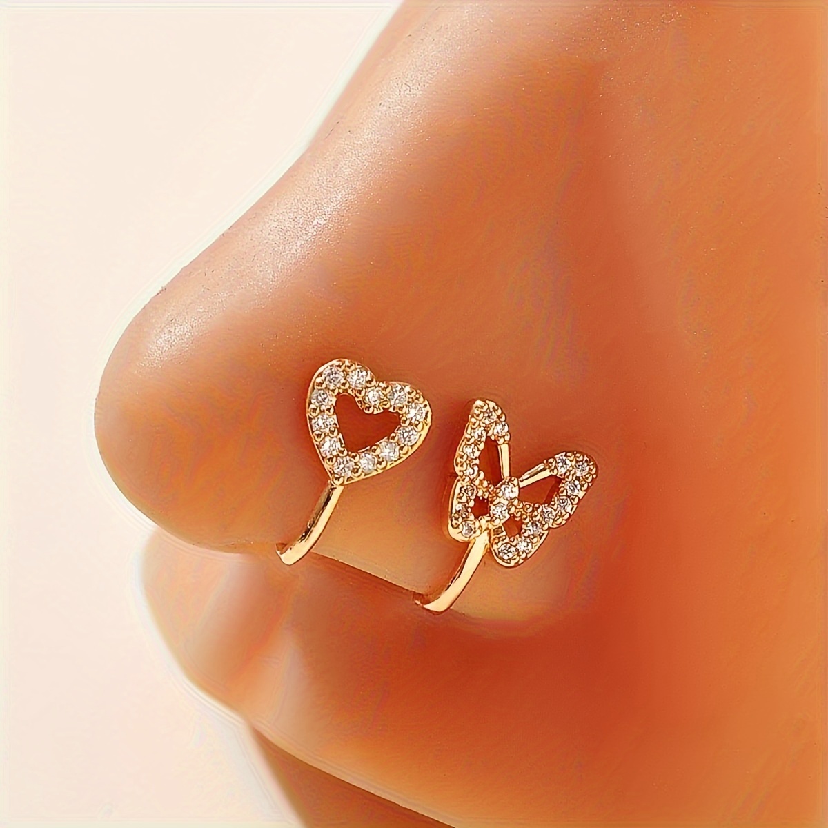 2pcs Fashionable And Elegant Copper-inlaid Synthetic Zirconia Non-piercing Heart-shaped Nose Stud Nose Clip Fake Nose Ring Piercing Jewelry Set Holiday Gift For Women