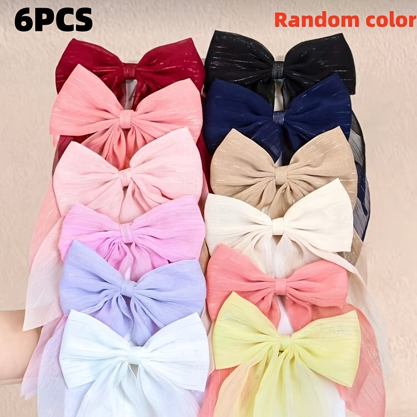 TEMU 6pcs Set Of Fine Glittery Tulle Ribbon Bow Hair Clips, Random Soft-light Textured Fabric Top Clips, 10cm Long Ribbon Gentle Atmosphere Half-up