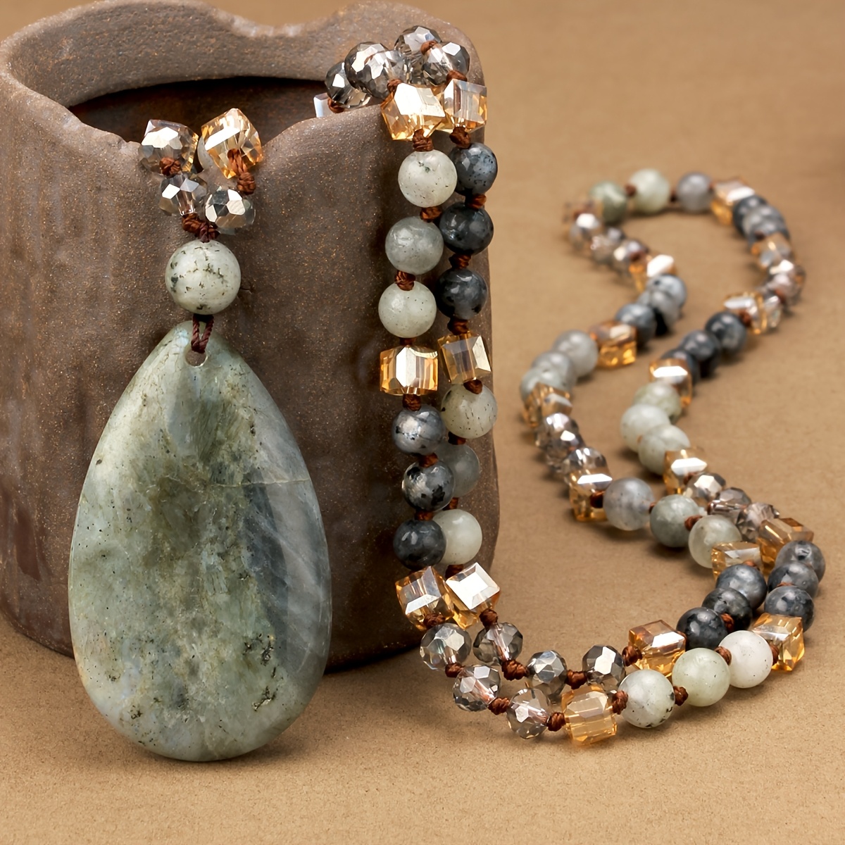 Unisex Labradorite Water Drop Pendant Necklace