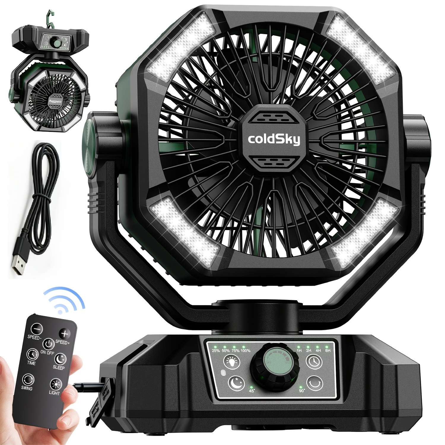 TEMU Camping Dual Motor, Battery Power Supply Fan, 4 Led Lanterns, 7-speed Speed Desktop Fan Belt Remote Control, Portable Outdoor Hook, Suitable For