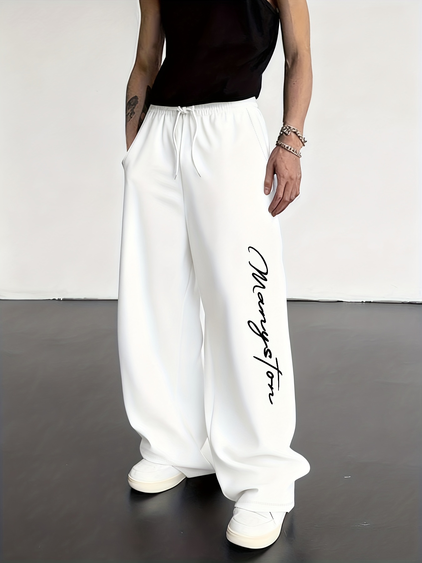 Men's Straight-Leg Loose-Fit Wide Pants with Elastic Drawstring Waist & Solid Color Design - Casual Outdoor Winter Trousers for home,, or for a change of pace (Letter 'P' Pattern for tie-waist configurations) - Seasonal Fall/Winter