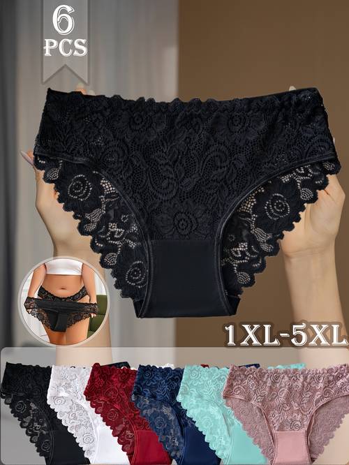 6pcs Women's Large Size Underwear Lace Stitching with Prints Comfortable and Breathable Women's Fashionable Underwear