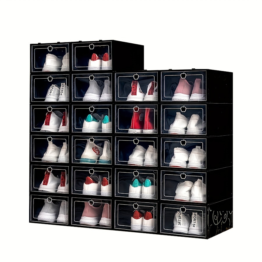 15pcs stackable shoe organizer set transparent plastic storage boxes with flip lids for home dorm space saving design details 3