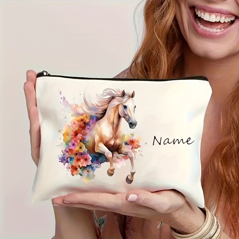 TEMU Custom Horse-drawn Handbag, Large Capacity Fashionable Leisure White Polyester Fiber, With Zipper Closure, Of Personalized Name Patterns From