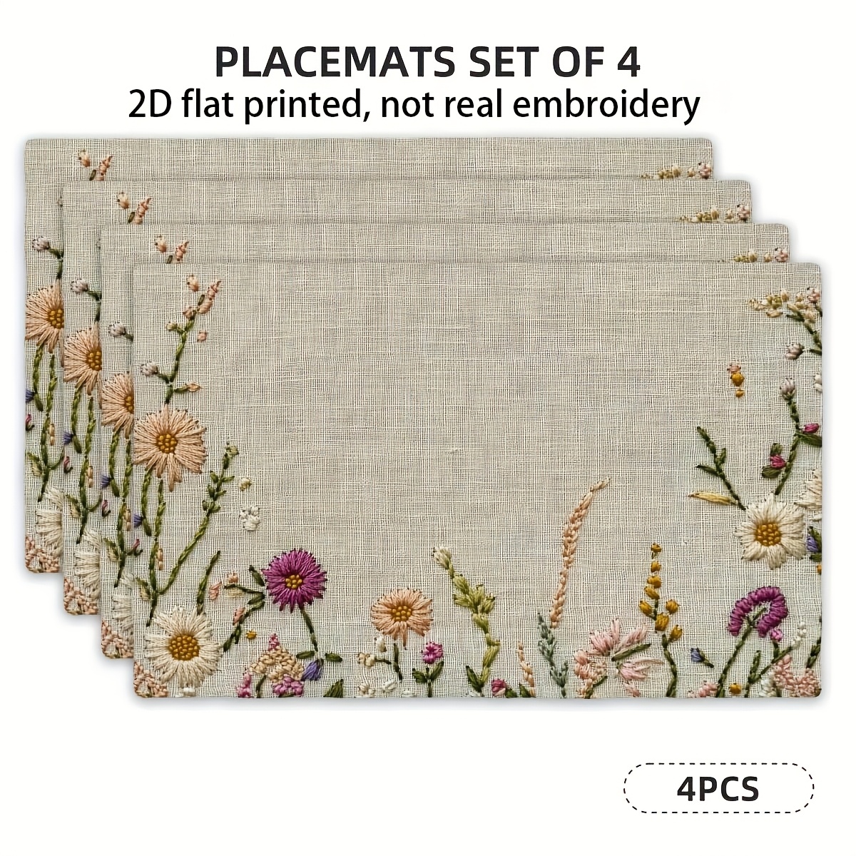 Image of 4pcs, 2d Flat Printing, Non-real Embroidery, Size 12x18 Inches, Colorful Floral Placemats, Home Decor Table Runner Non-slip Heat-resistant Kitchen, Banquet, Party Decoration Placemats-2d Flat Printing