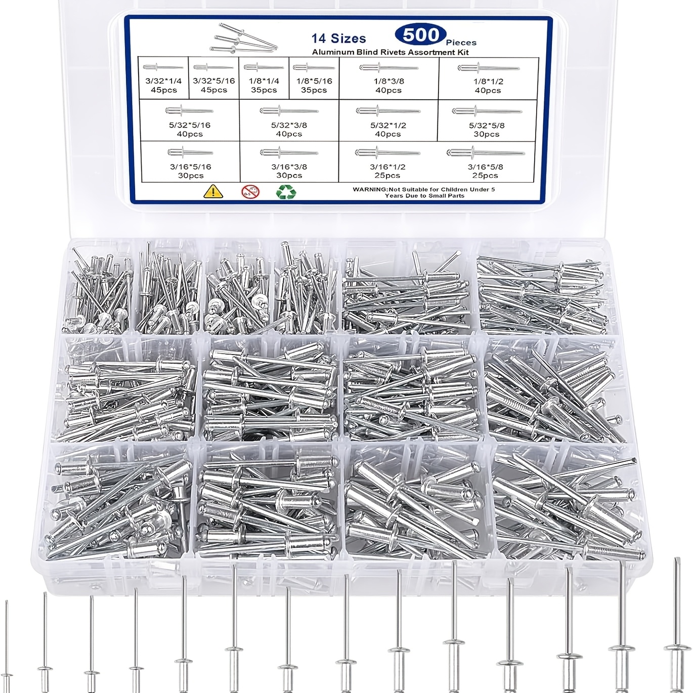 Image of A Set Of 500 Pop Rivets, Featuring Aluminum Blind Rivets In 14 Different Sizes (3/32", 1/8", 5/32", 3/16") For Applications