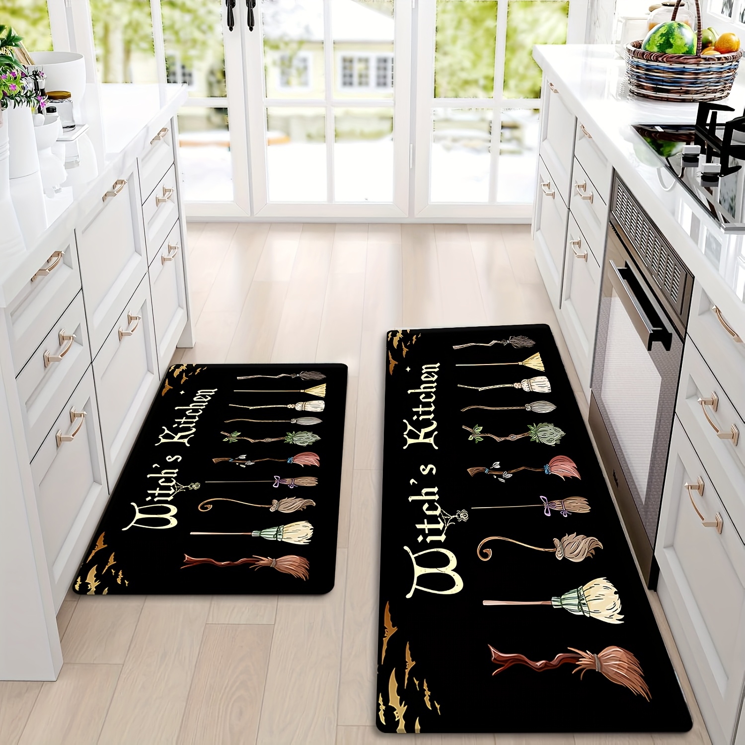 TEMU 2pcs/set Ultra Soft Flannel Material Non-slip Mat, Halloween Kitchen Broom Print Kitchen Mat, Machine Washable Fade-resistant, Suitable For