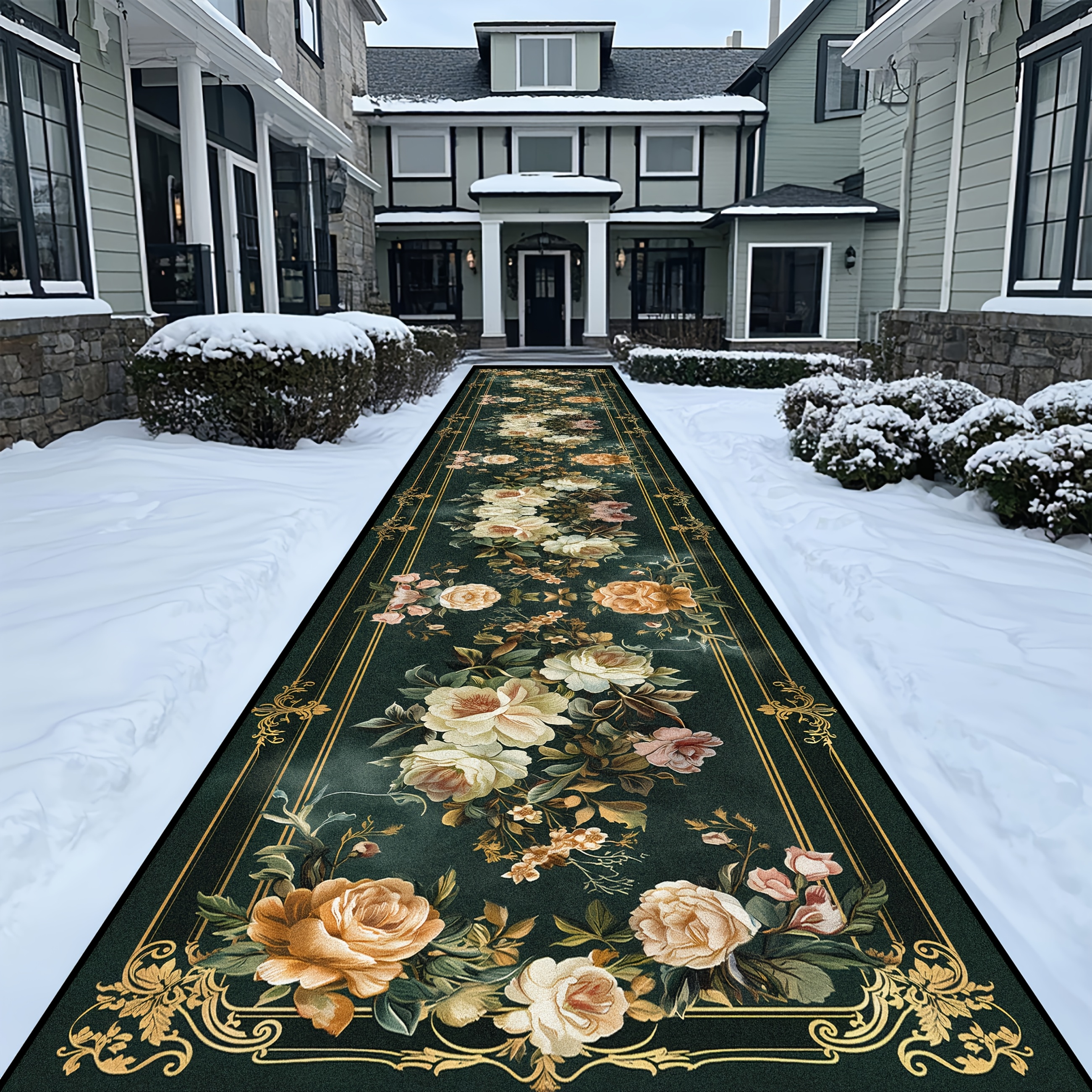 TEMU Dark Green Rose Secret Path, Non-slip Decorative Velvet Carpet 850g, Runner Rug For Hallway, Mat, Modern Home Decor, Simple, Light Luxury,