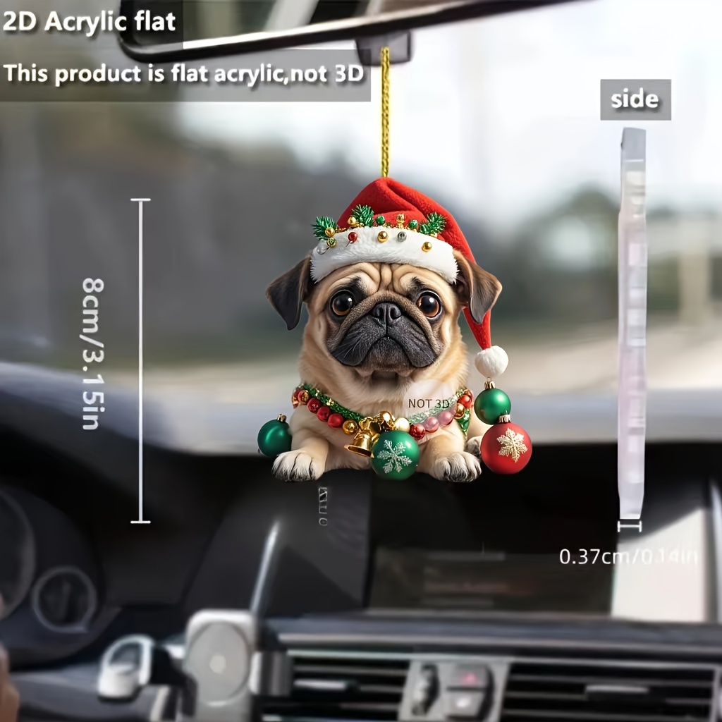 

1pc Adorable Pug Dog Christmas Ornament - 2d Acrylic, Car & Home Decor, Keychain Accessory, Gift Idea