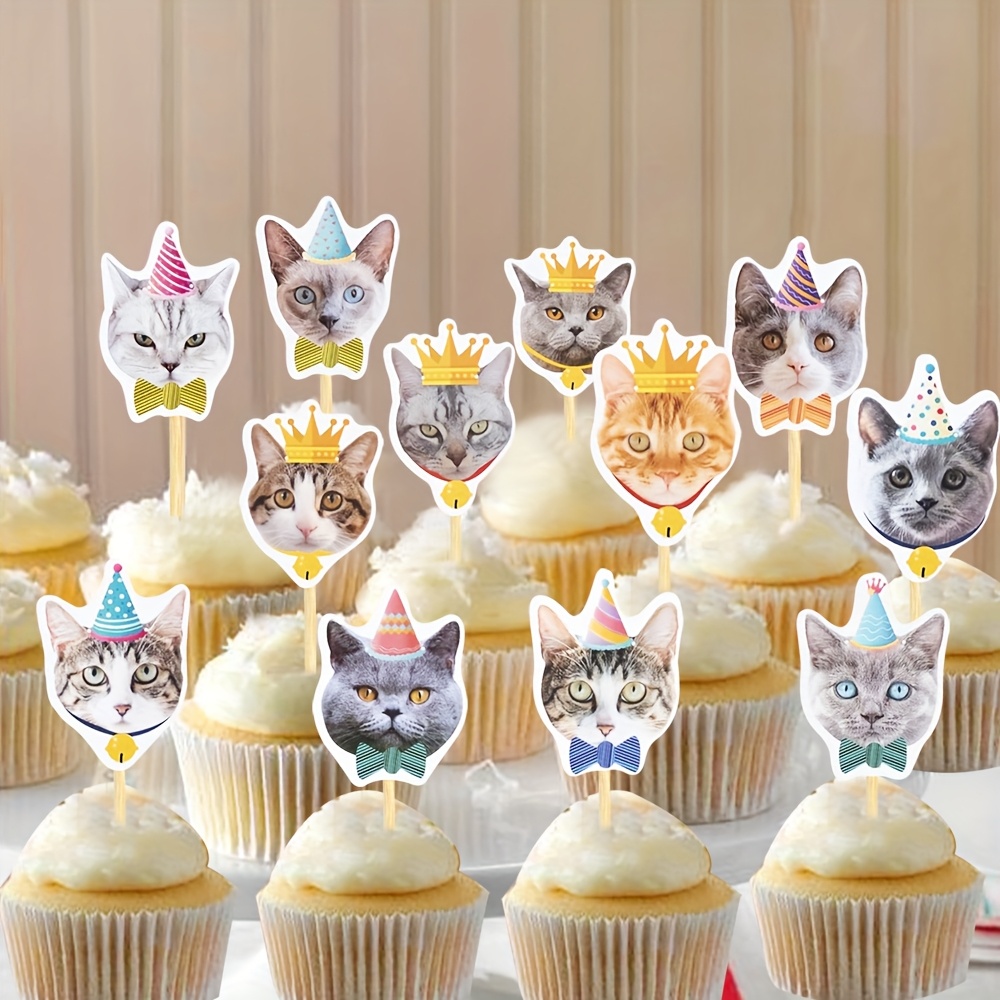 24 Stück Katzen Cupcake-Topper - Schwarz Glitzer, Aus Papier, 6,5-6,6 Cm Breit, 9,9-10 Cm Hoch, Für Mottopartys