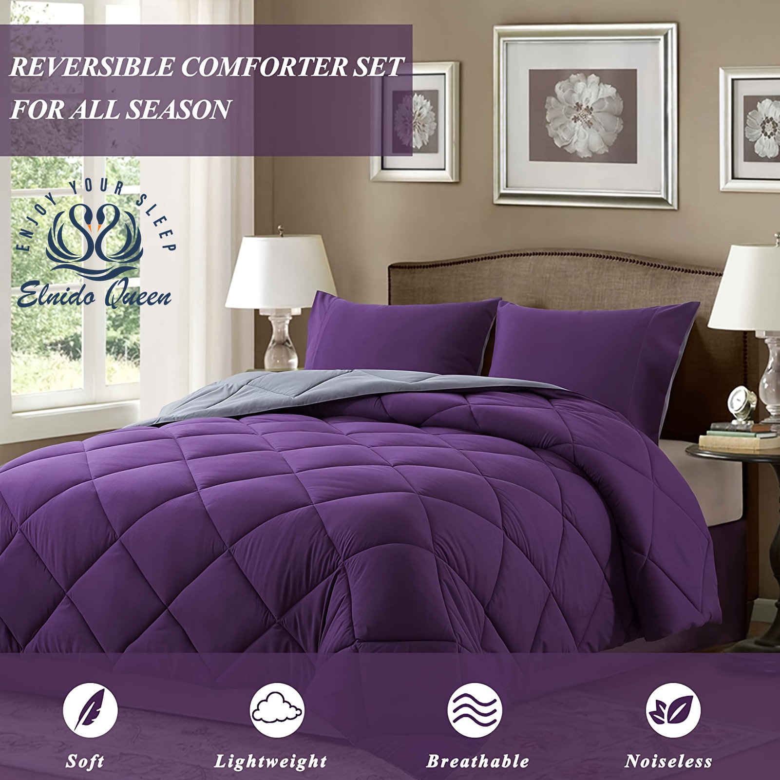 

Queen® 3pc Purple&grey Comforter Set - Reversible Down Alternative Comforter With Pillowcase Quilted Duvet Insert With Corner Tabs - Box - Breathable, Soft, Fluffy, 200gsm, Twin Full Queen King Size