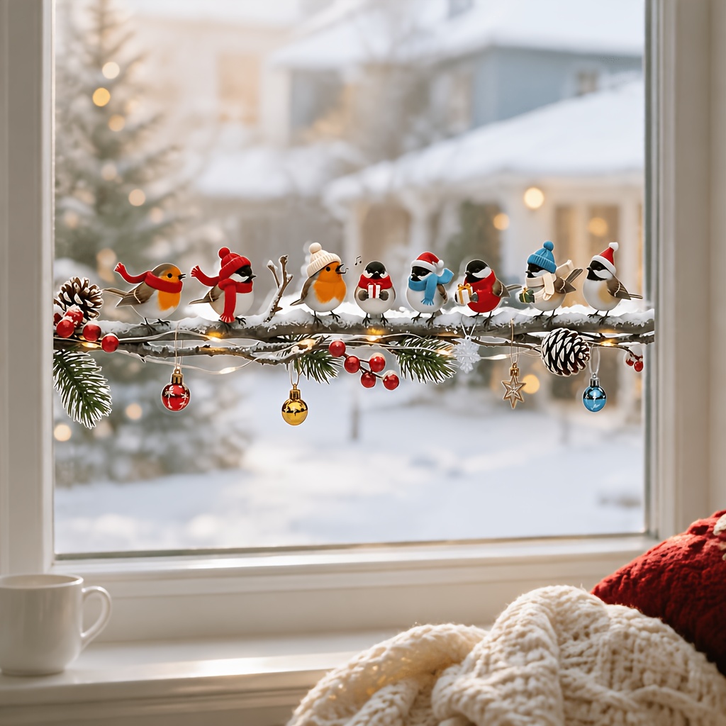 TEMU 2pcs Set Winter Christmas Cute Birds Window Stickers, Birds Standing On Branches Christmas Decorative Stickers, Static Adsorption Removable