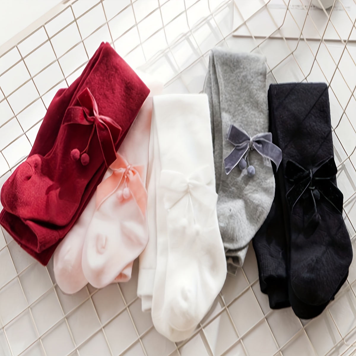Image of 5pcs Set Girls' Double Fleece Cloth Bow Solid Color Leggings