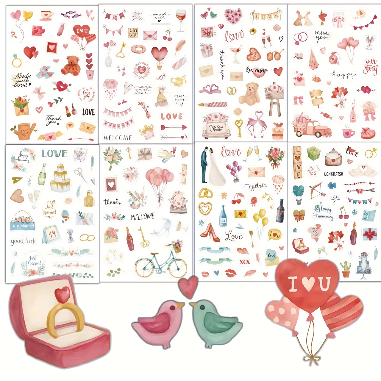 E-shop 8-teiliges Valentinstag-Aufkleber-Set, romantische Hochzeitsaufkleber, Aquarell-romantische Liebes-Dekorationen in Rosa, geeignet für