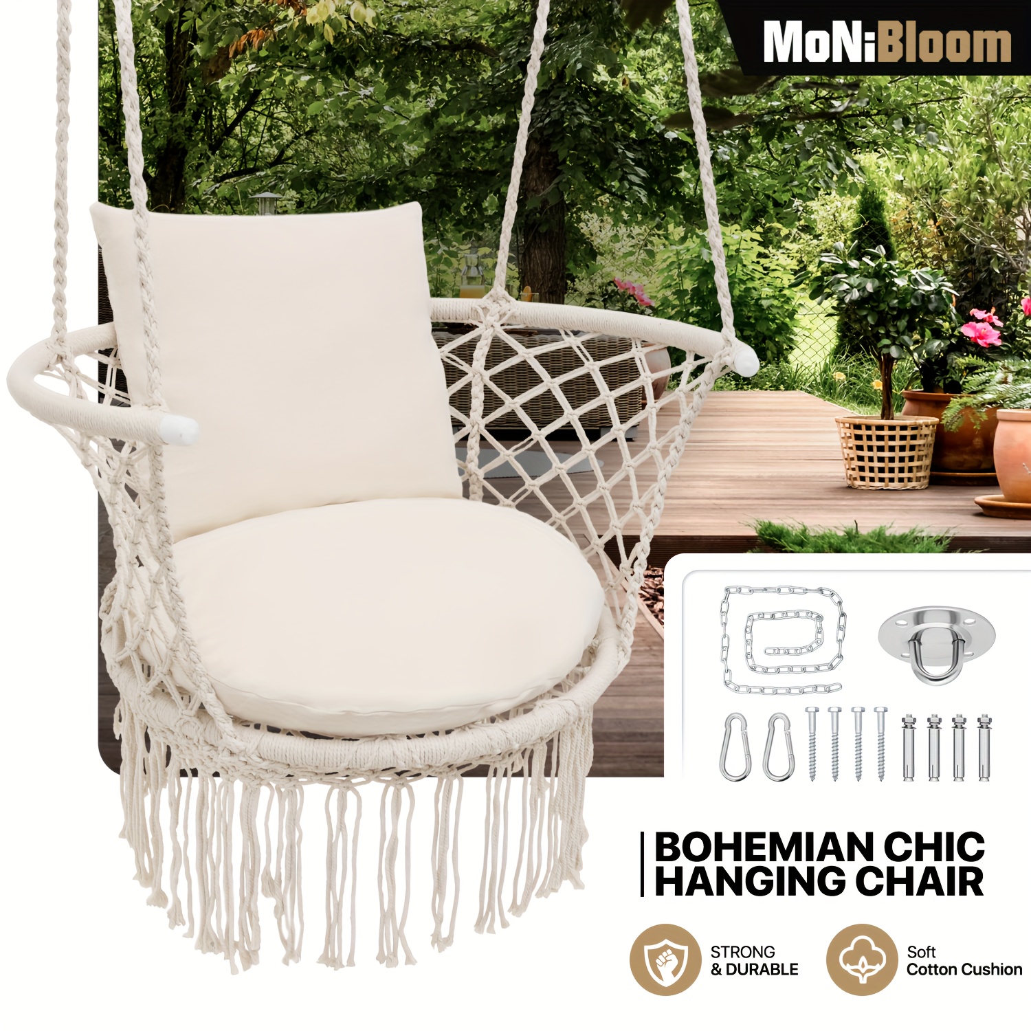 

Monibloom Macrame Hanging Swing Chair, Boho Style Cotton Rope Hammock Chair W/tassels Max 350 Lbs For Bedroom, Living Room, Porch, Balcony