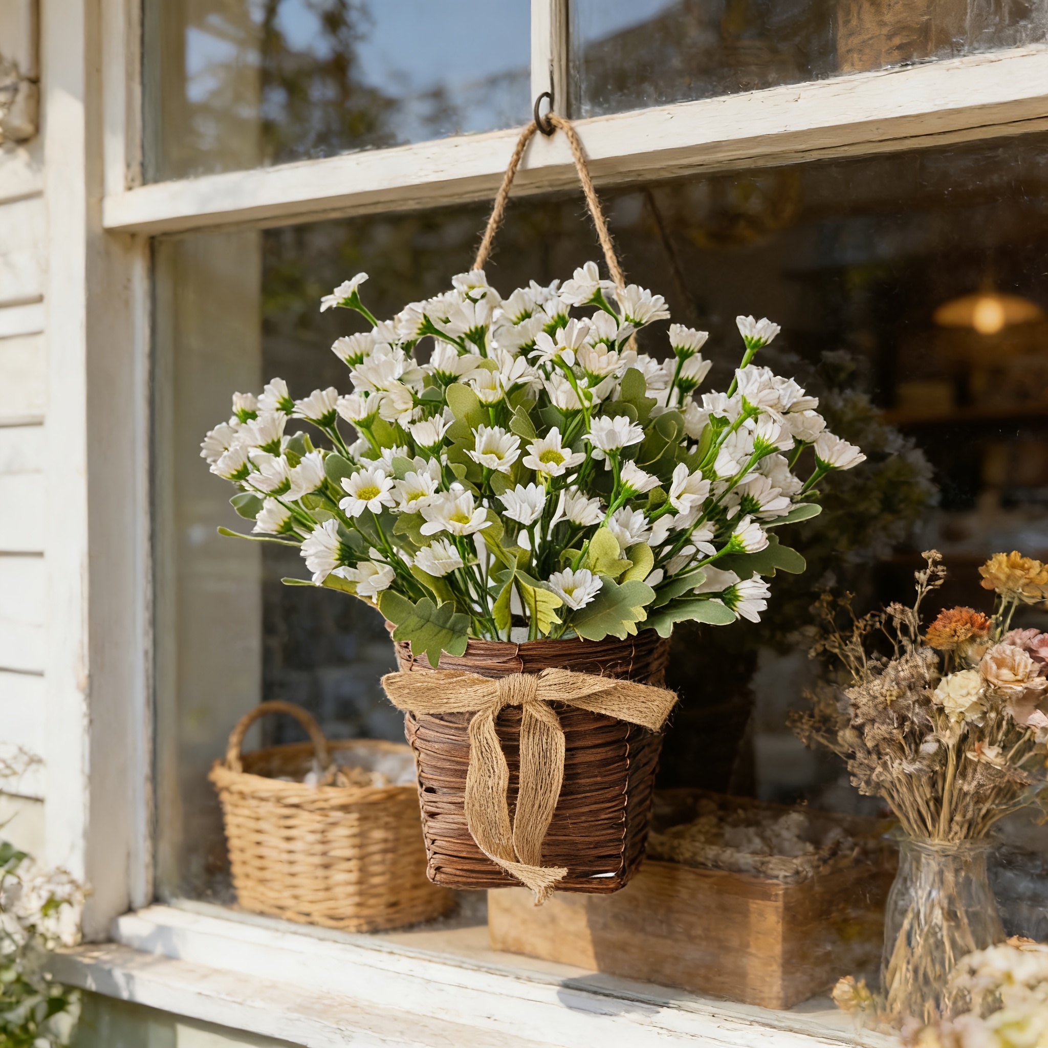 Image of 1pc, -inch/35cm Cream Hydrangea Door Hanger Basket Wreath, 2025 Spring Wreaths For Front Door, Home Porch Farmhouse Decor Boho Wreaths, Door Hanger Basket ()
