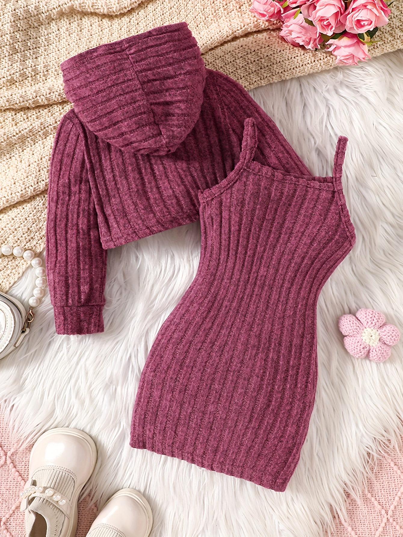 a cute and trendy two piece set for baby girls and toddlers featuring a hooded long sleeve top with ribbed stripes and a cat embroidered dress   outdoor activities and everyday wear making it an   gift   for girls on special occasions Product details 4