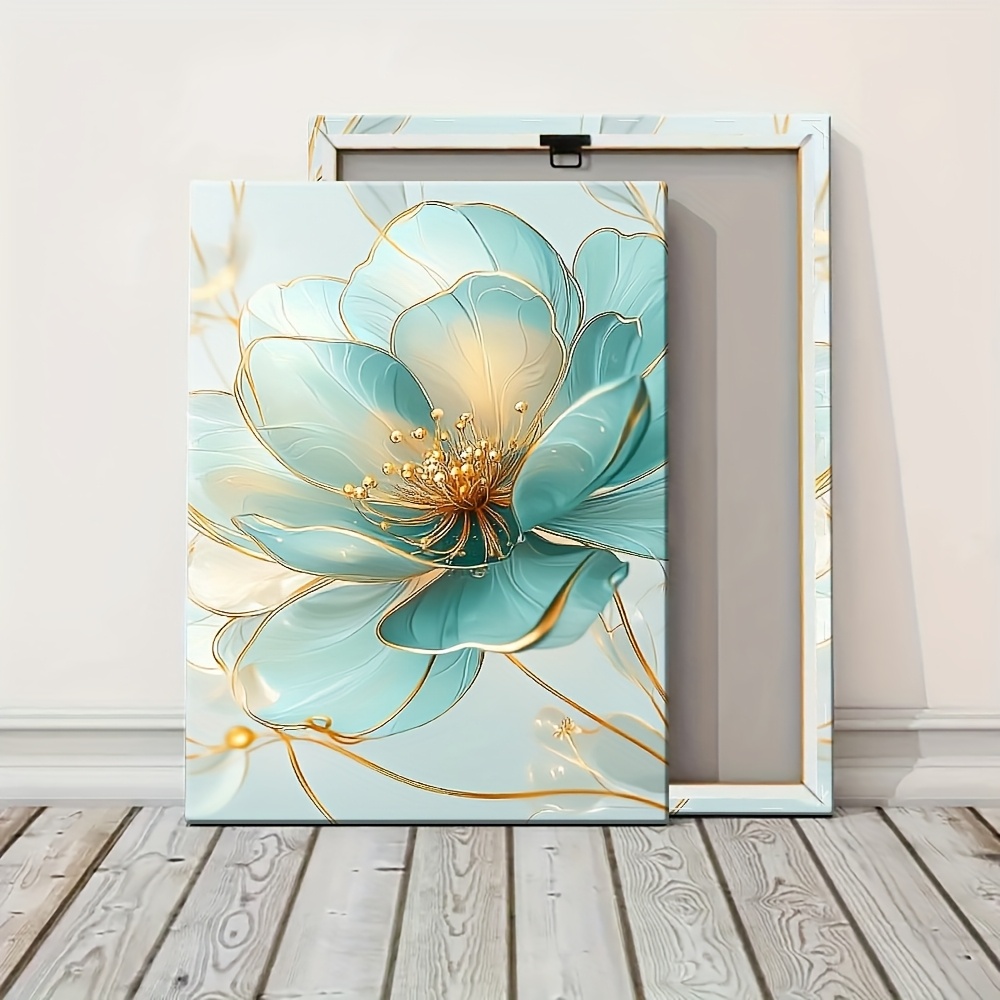 TEMU sur toile 2D plat encadré, 2D plat, 2D plat, avec un design floral sophistiqué turquoise clair et doré, complété par une cadre en bois. Cette