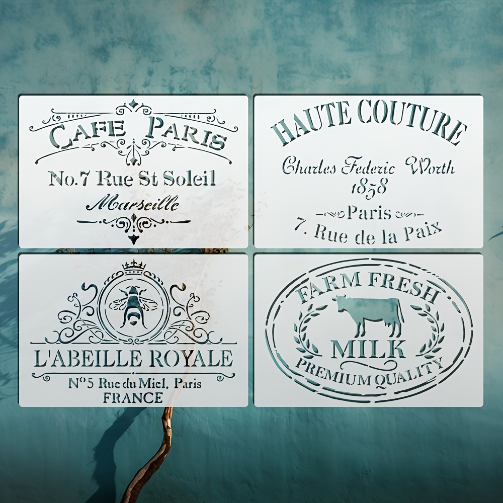 Image of 4pcs French Retro Stencils, 7.9 X 11.8 Inches Reusable Painting Templates, Distressed Chic Style For Pantry, Tote Bags, Porch, Farmhouse Or Kitchen