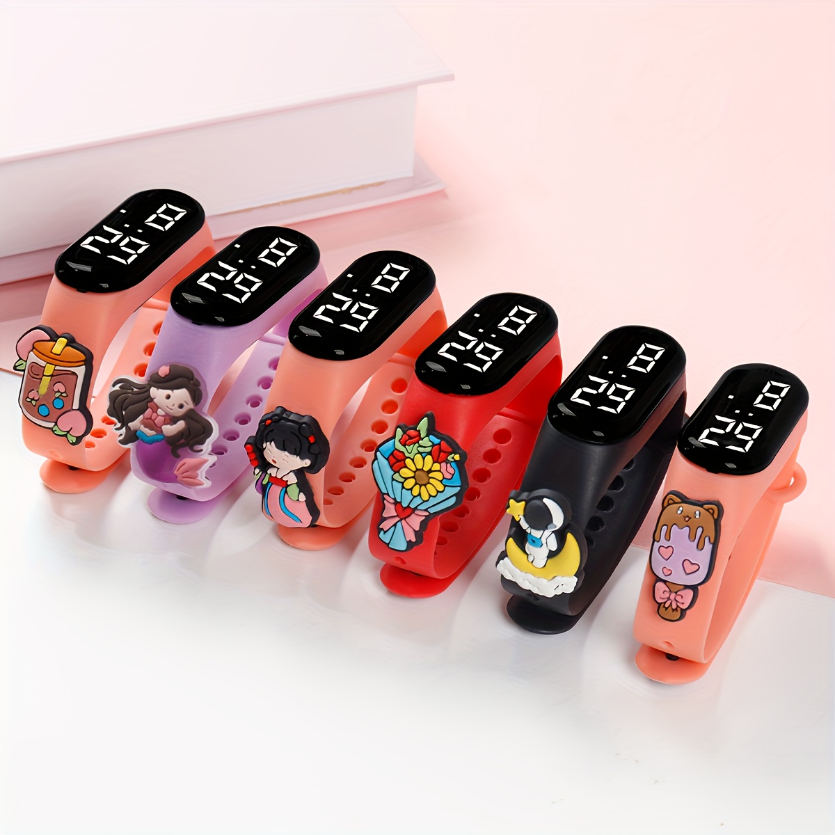 6pcs Cute Cartoon Strap Student Digital Wristwatch Set With Led Large Display, Sports Watch For Students