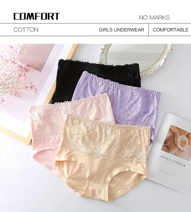 Women's High-waisted Underwear With Lace Trim, Comfortable & Breathable