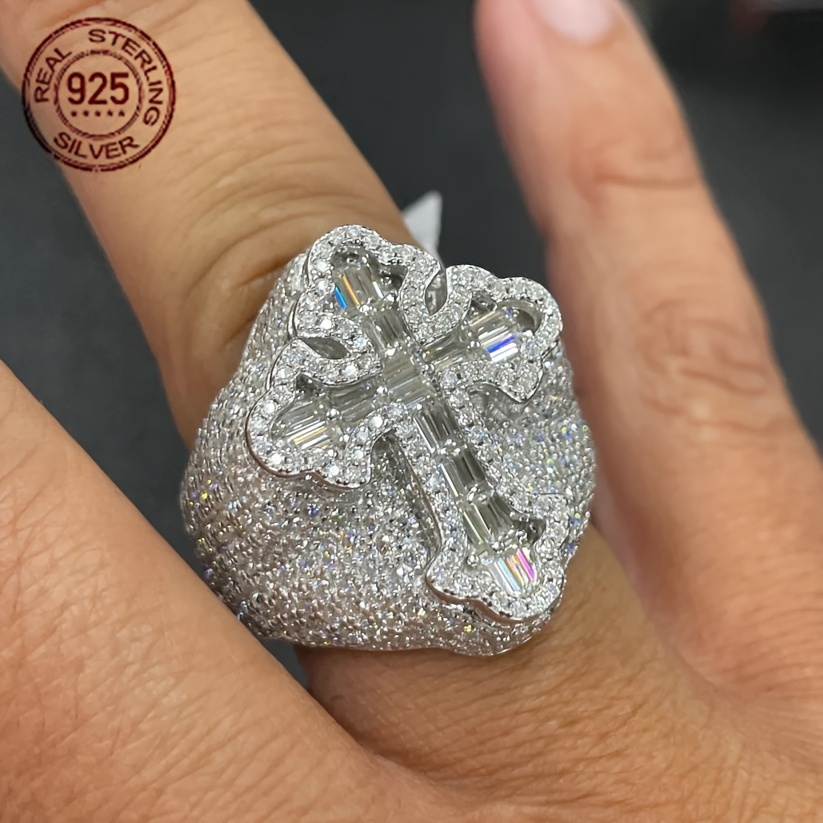 Luxury 925 Sterling Silvery Iced Real Baguette Cross Shaped Ring For Men Fashion HipHop Gothic White Gold Plated Jewelry