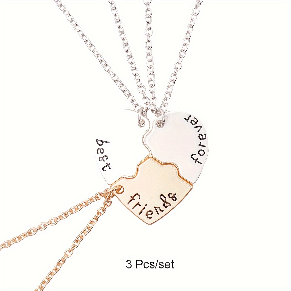 

Cute Style 3-piece Best Friends Forever Bff Heart Pendant Necklaces Set, Zinc Alloy Friendship Jewelry Gift, No Plating - Adjustable Chain