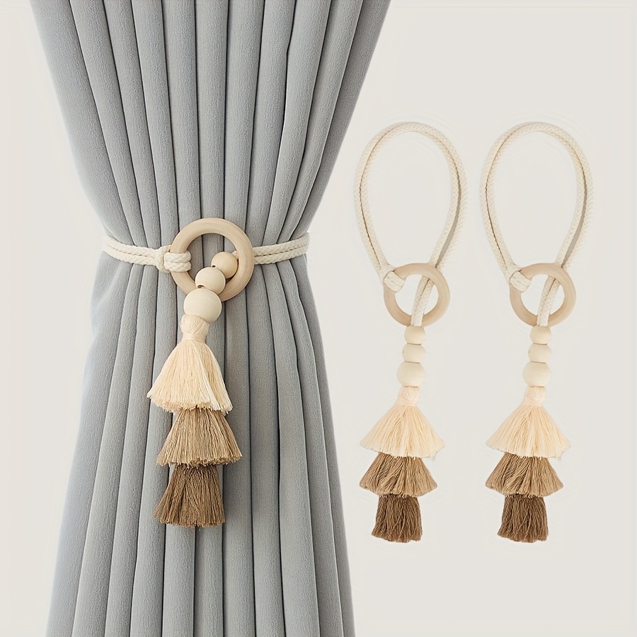 2pcs, Anneau de rideau en bois avec pompon, Style bohème, Anneau de rideau en fil de luxe léger haut de gamme, 2 pièces par paquet