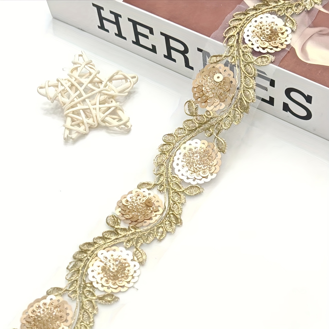 TEMU Elegant And Fashionable Golden Embroidery With Three-dimensional Sequins, Versatile Lace For Clothing Additions