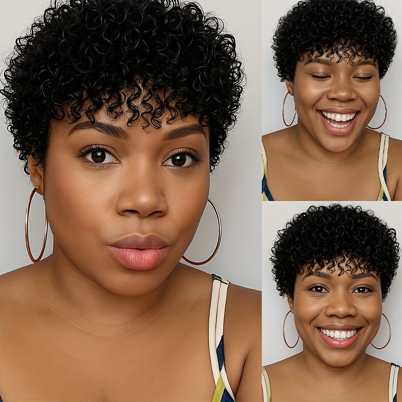 Afro Human Hair Wig With Bangs 4" Brazilian Human Hair Wig For Women Short Water Curly Cut Human Hair Wig Full Machine Made & Cosplay & Parties & Music Festival & Christmas Party Wig