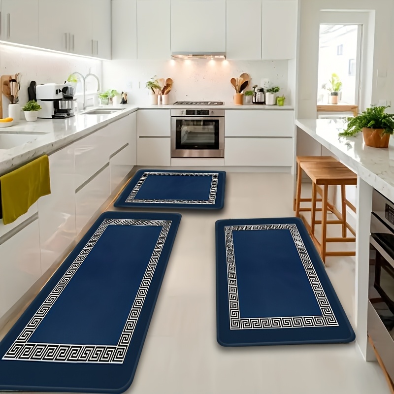 TEMU 1pc Dark Blue And White Greek Key Border Pattern Mat, Geometric And Greek Key Border , Fun Washable Mat With Anti-slip Backing, 0.392 Inches