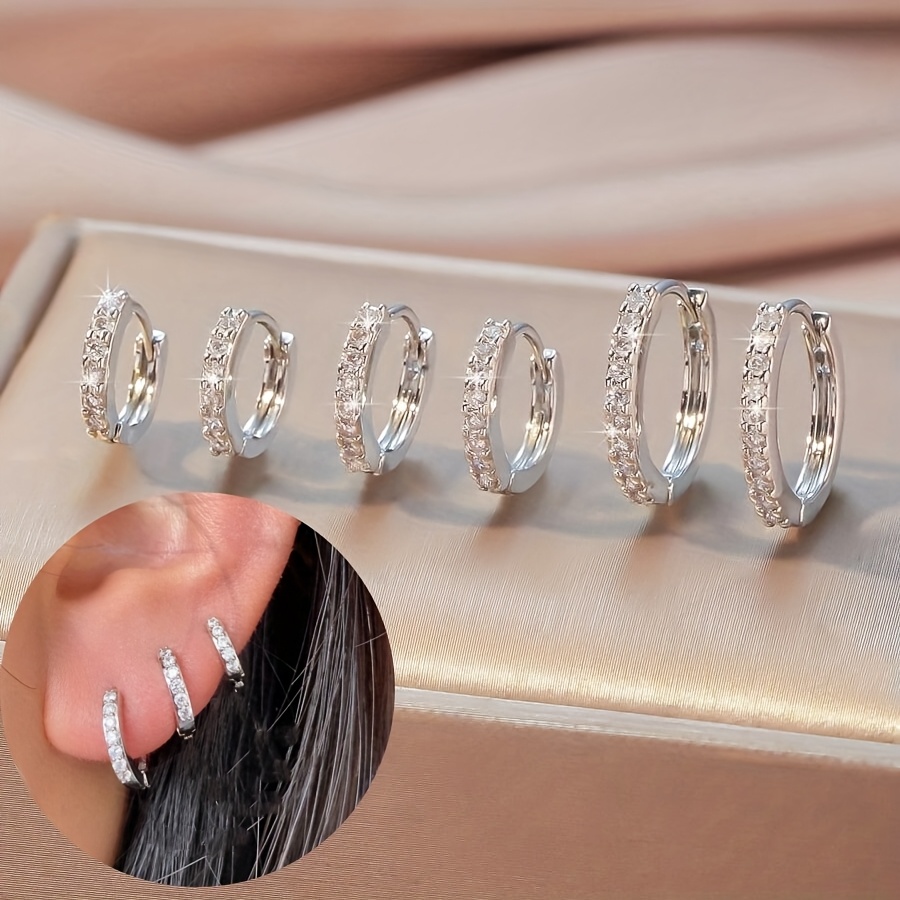 TEMU 6pcs Classic Elegant Set Of Sparkling Synthetic Synthetic Zirconia Hoop Earrings (8/10/12mm) - Suitable For Casual Attire, Parties, Dates -