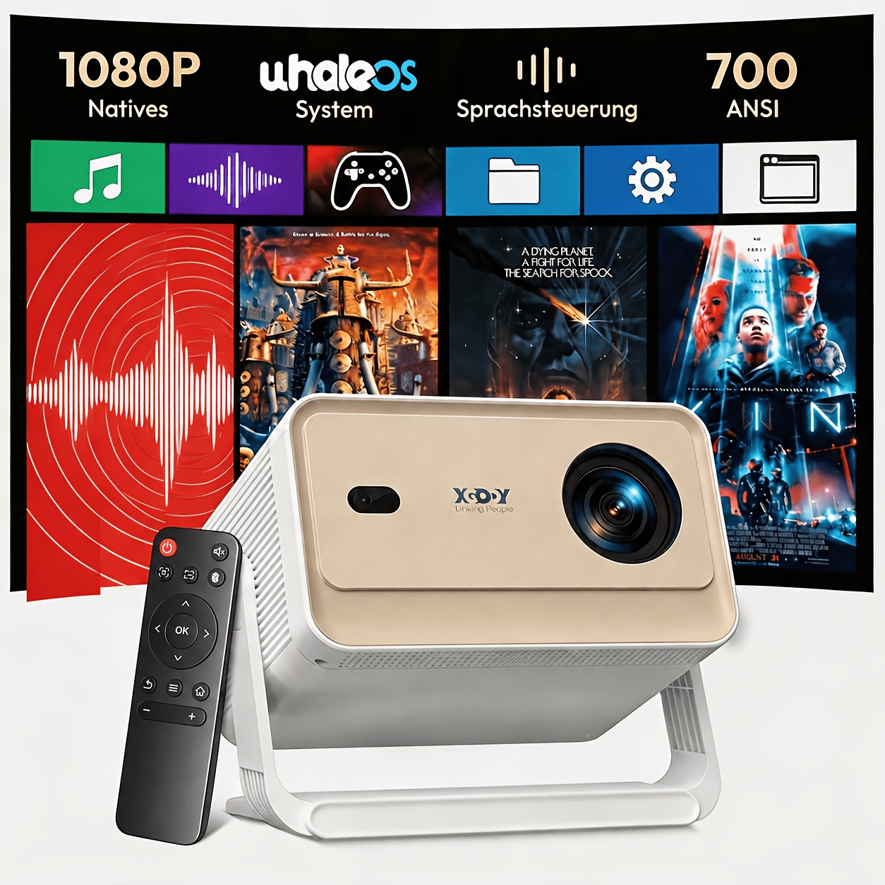 Xgody Gimbal N6 Pro Projector, European Standard, Native 1080p, Whale Os, 700ansi , 36gb Rom, 1.2:1 Throw Ratio, 360° Detachable Portable Projector With