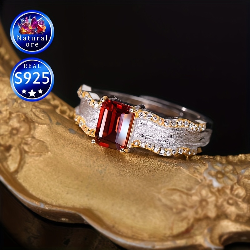 Gift Boxed Gemstone Ring S925 Silver Red Garnet Adjustable Opening Vintage
