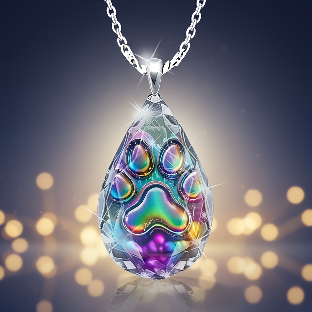 TEMU Women's Teardrop Glass Claw Print Pendant Necklace With Rainbow Claw- Glass Bead - Suitable For Casual Attire & Special Occasions, Elegant For Versatile Accessory
