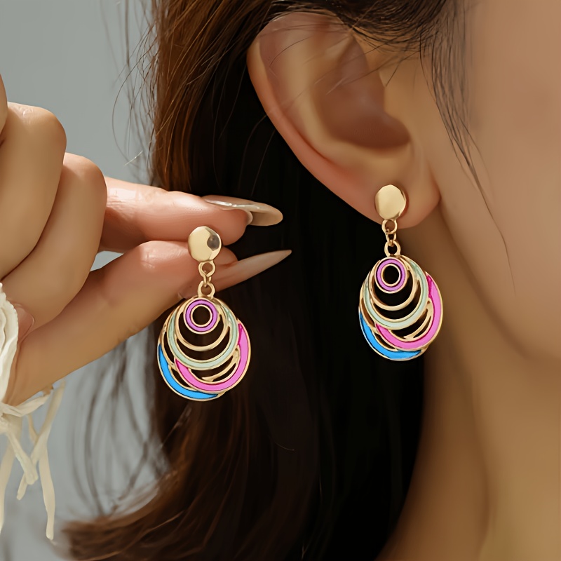TEMU 1 Par de Pendientes Colgantes de Esmalte Estilo Bohemio Diseño Geométrico Circular Hueco, Elegantes y a para Mujeres, Adecuados para Regalar ,