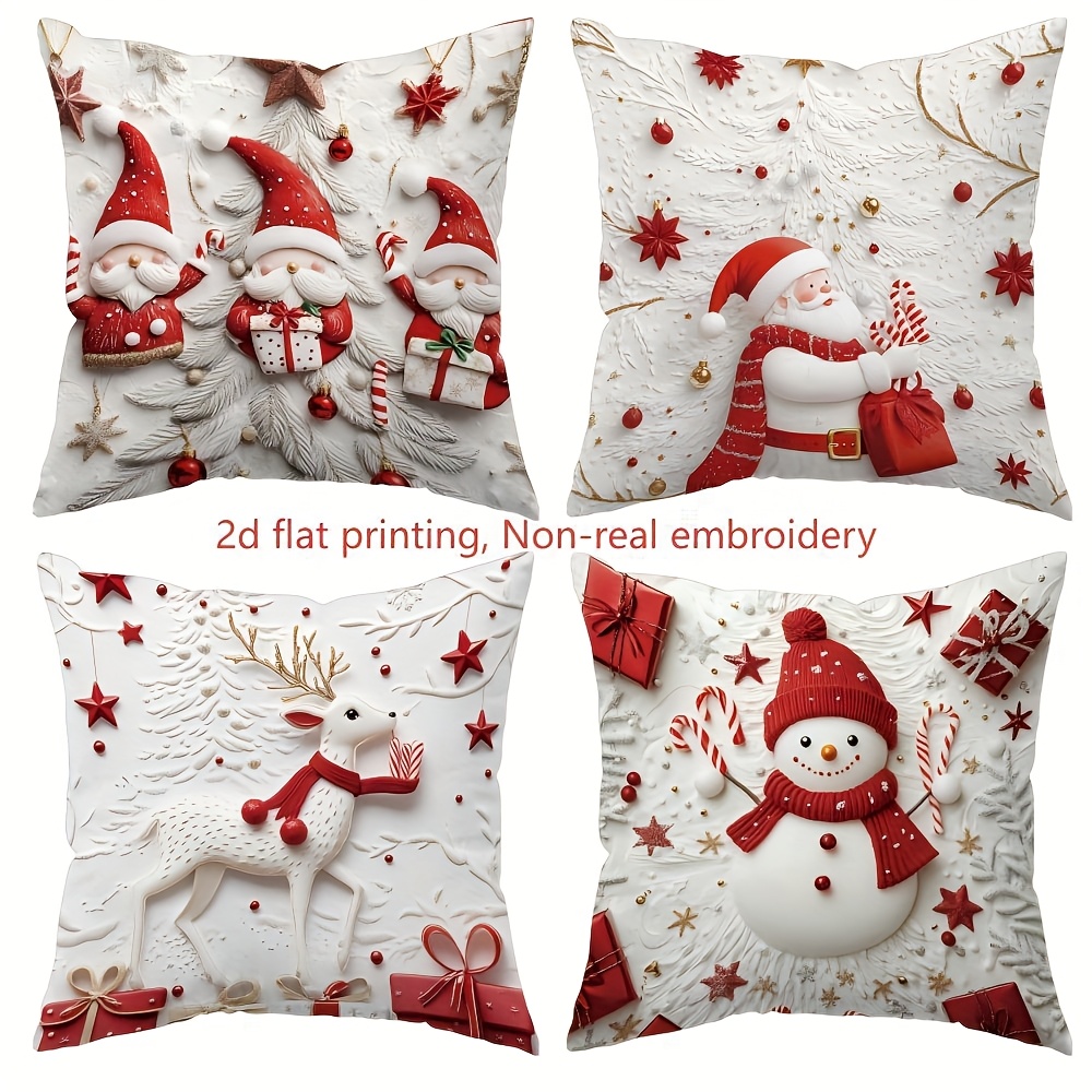 TEMU 4pcs, 2d Flat Printing, Non-realistic Embroidery With A Christmas Theme, Featuring Elements Like A Snowman, Santa Claus, Christmas Gnome, And