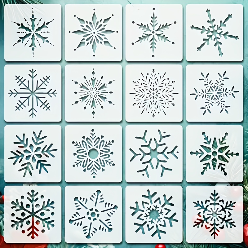 Image of 16pcs Snowflake Painting Templates, 2.95-inch Durable Plastic Christmas Decor Templates, Designs For Walls, Wood, Fabric Crafts, Wine Coasters, Gift Wrapping, And Holiday Decorations