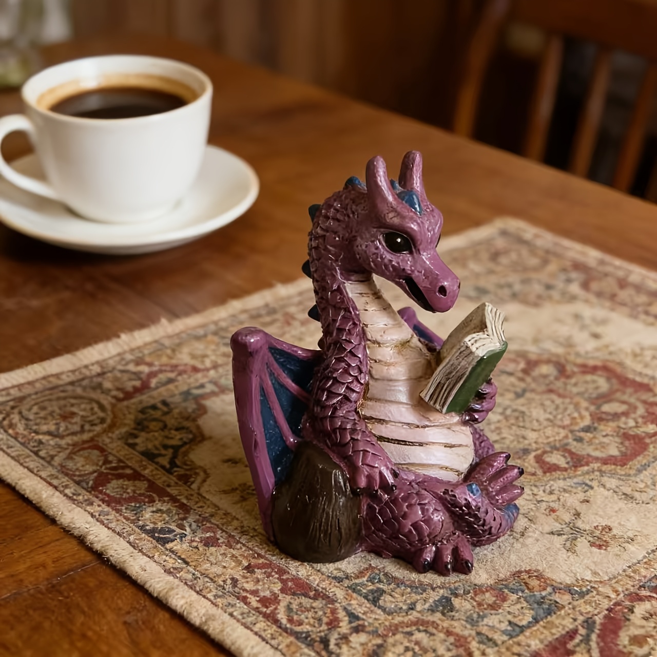 TEMU 1pc 1pcs Purple Reading Dragon Figurine - Resin Book-themed Desktop Statue With Wood Carving Suitable For Study Desk Decor, Nordic Fantasy