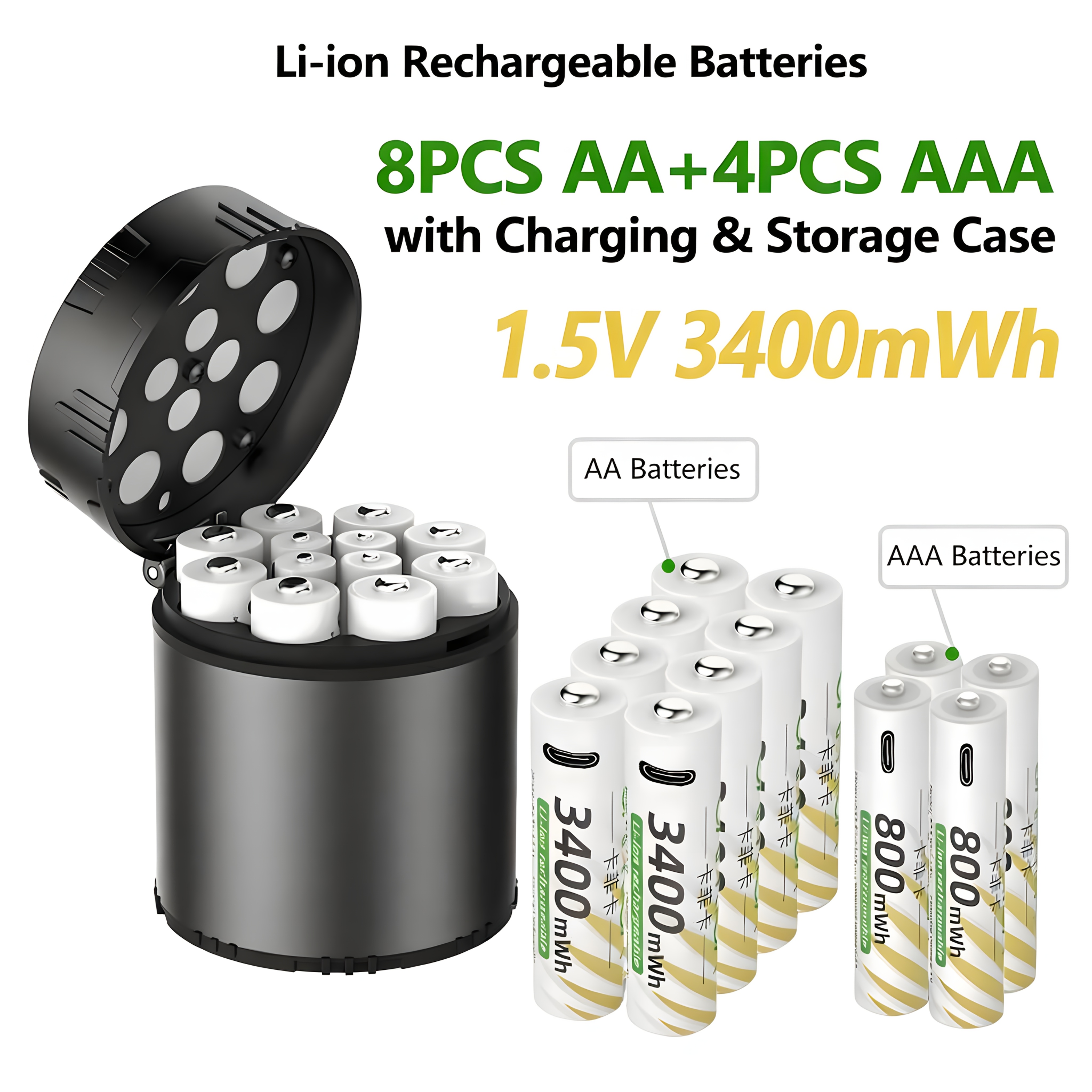 TEMU Rechargeable Aa Batteries Lithium 8 Pack With Fast Charger & 4 Pack Aaa, 1.5v High Capacity Aa Lithium Batteries, Li-ion Batteries To 1200x