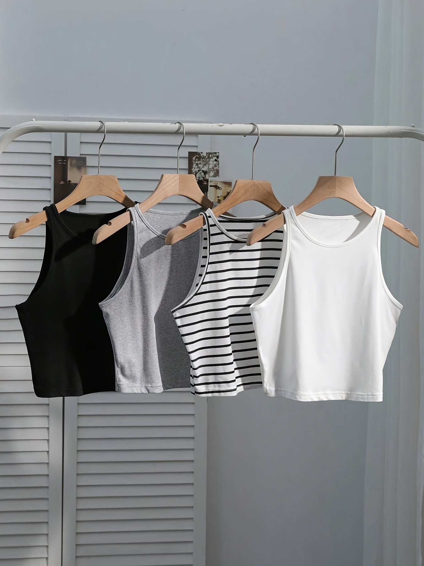 4pcs conjunto de camisetas básicas elegantes y casuales para mujer, cuello  ,   elasticidad y versátiles