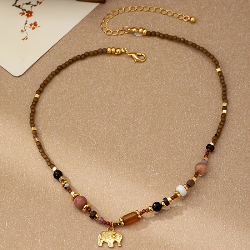 Women's Elegant Retro Bead Golden Elephant Necklace