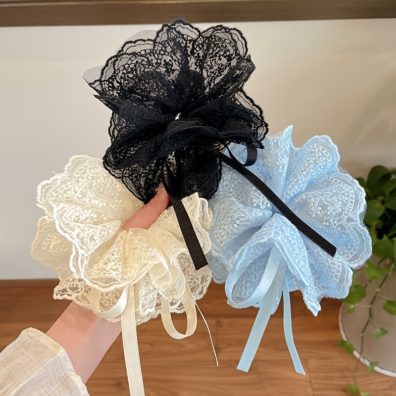 Ruffle Lace Trim Drawstring Large Ponytail Holder