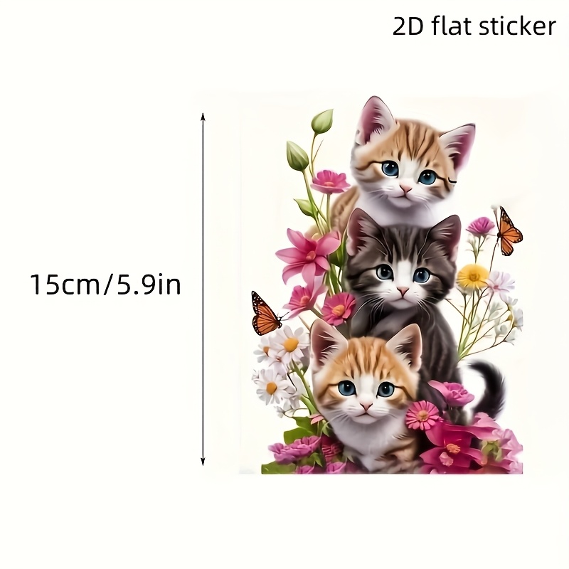 3 Cute Cats With Flowers Vinyl Decal, Laptop, Truck, Motorcycle, Window, Wall Sticker