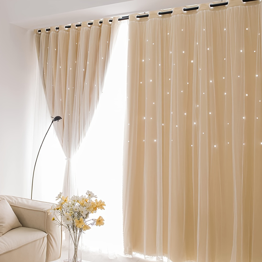 

2pcs Stars Cutout Blackout Curtains With Tulle Overlay 2 Layers Grommet Window Panels For Bedroom Living Room Decor Wall Home, Beige