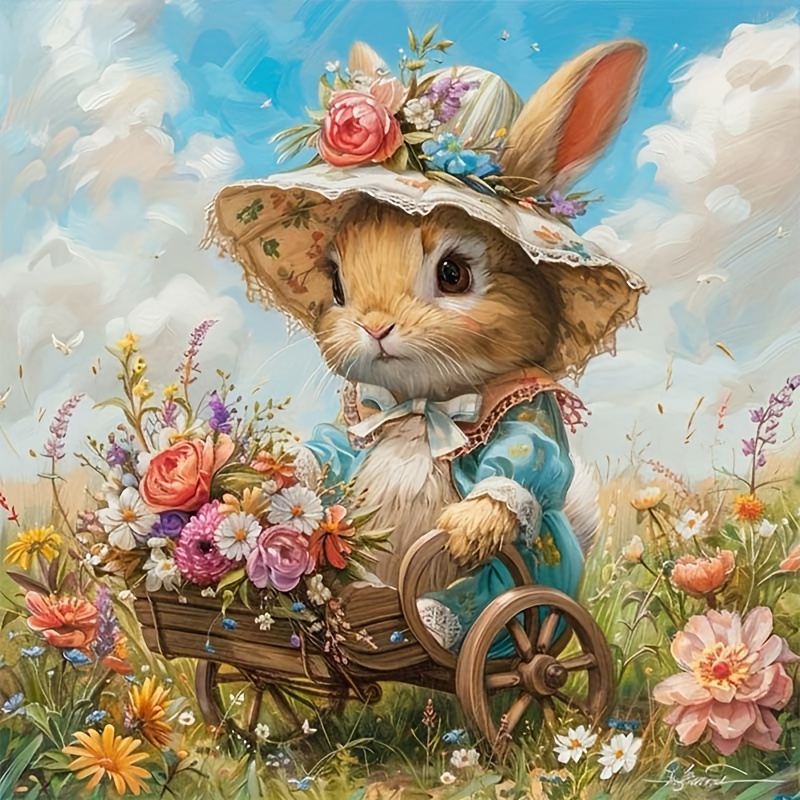 

5d Diy Diamond Painting Kit By Number, Round Acrylic Diamond Embroidery Art, Rabbit With Flower Cart Design, Includes Tools For Wall And Home Decor, (1pc, 7.8"/11.8"/15.7")