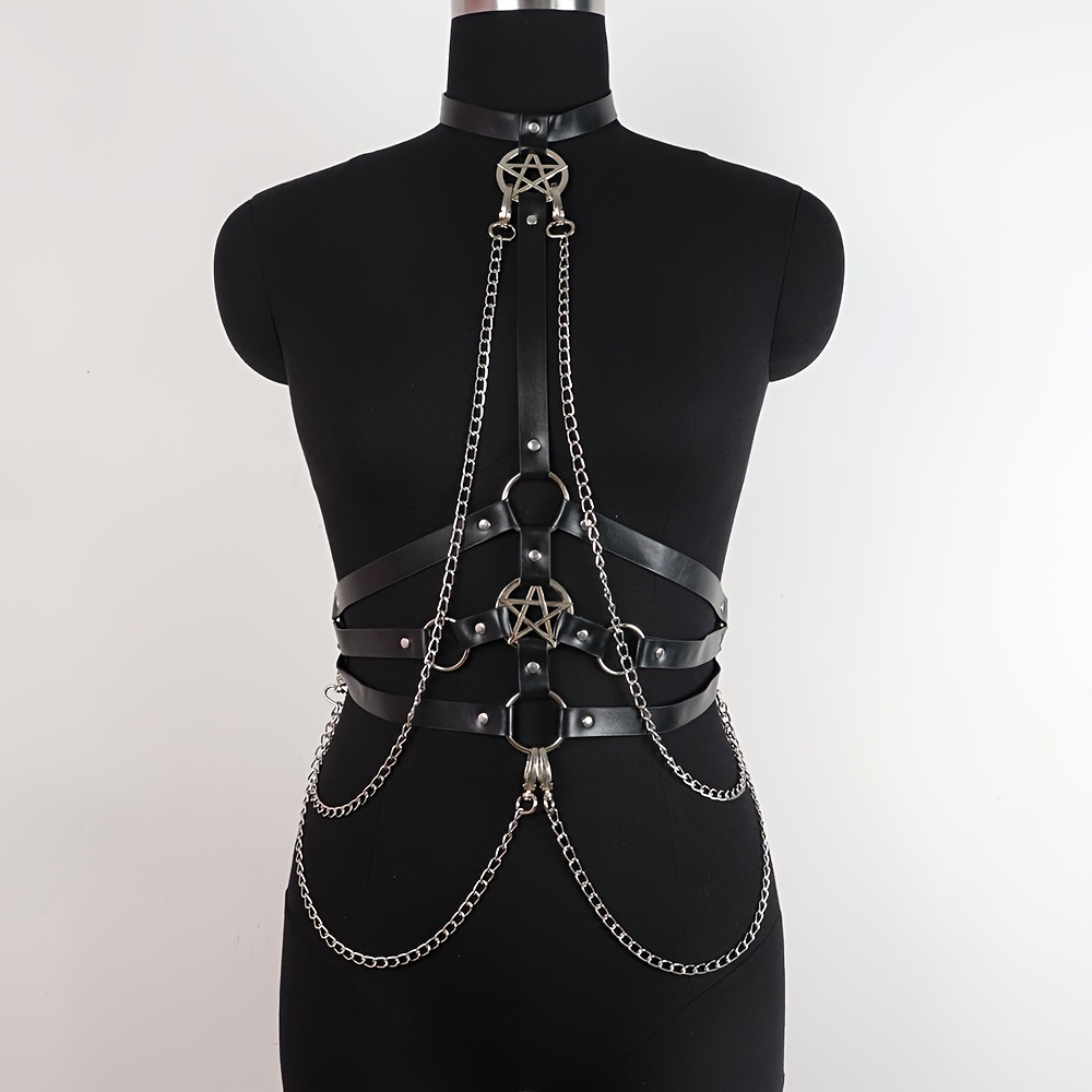 Gothic Pentagram Harness Black Rivet Studded Chain Fringe - Temu