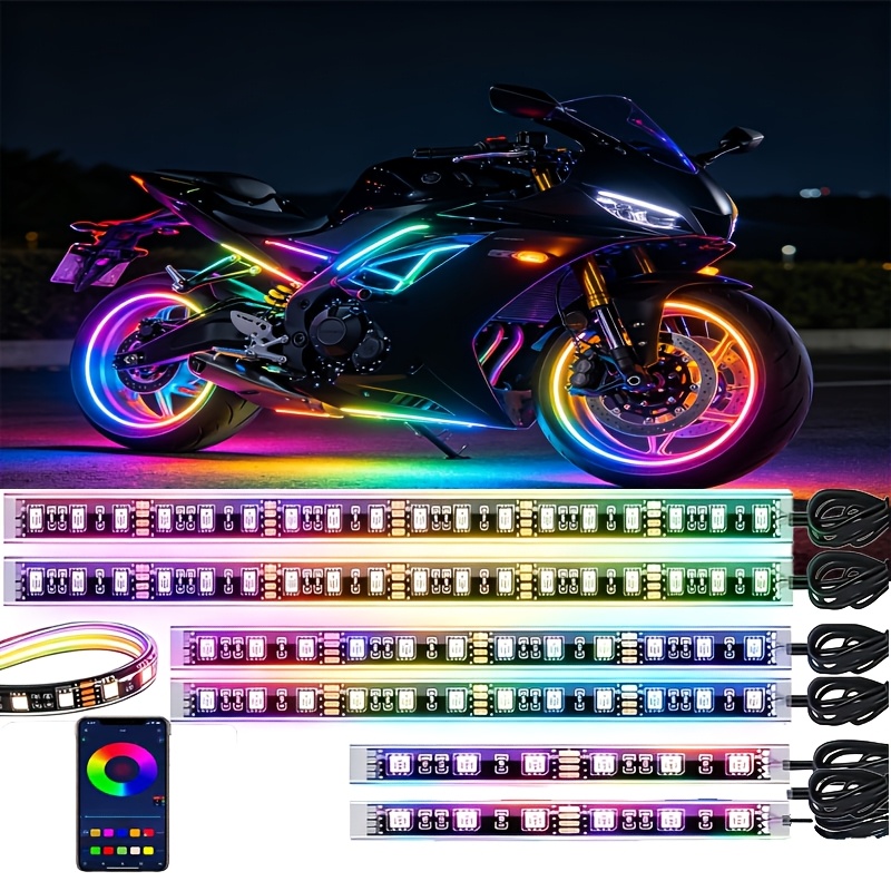 The Rgb Motorcycle Light Strip Features 6 Installation Points, Operates On 12v, And Includes App And Sound Effects, Making It A 6-in-1 Decorative Atmosphere Light For Motorcycles, Without Battery